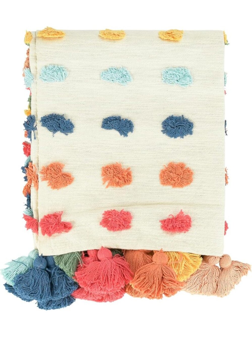 Soft Woven Cotton Throw Blanket with Tufted Dots & Tassels, Multicolor Decor